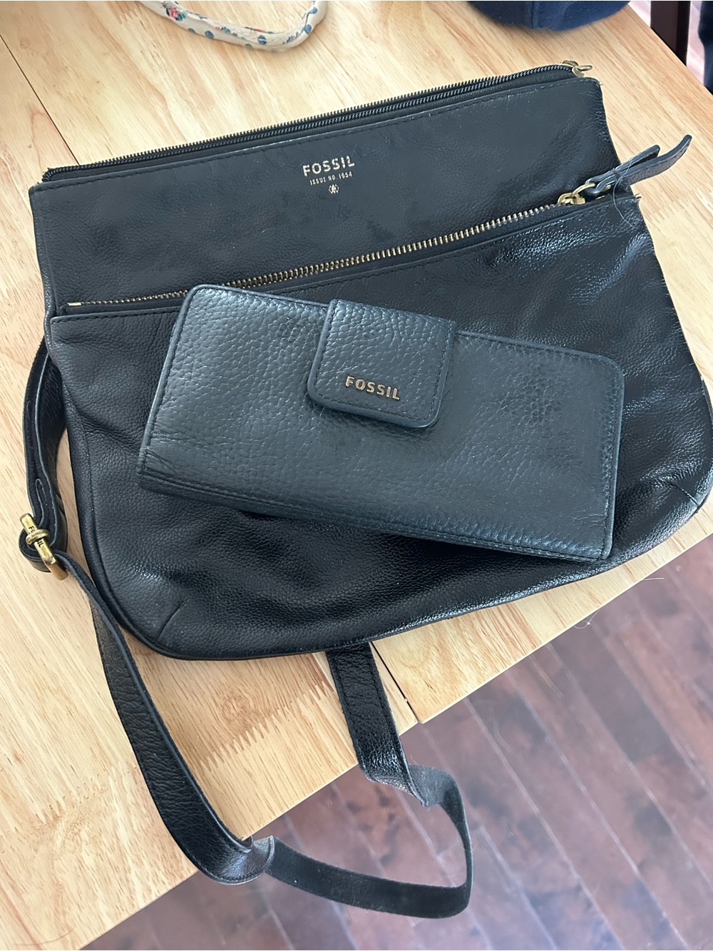 Fossil Black Leather Crossbody with Matching Wallet Set
